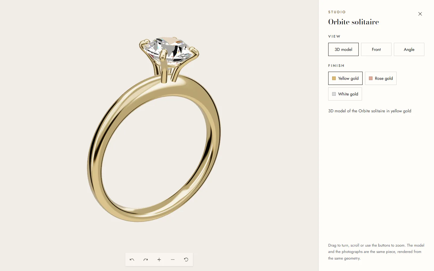 Auré 3D studio: a yellow-gold Orbite solitaire ring rendered in the browser, with view and finish controls in a side panel.