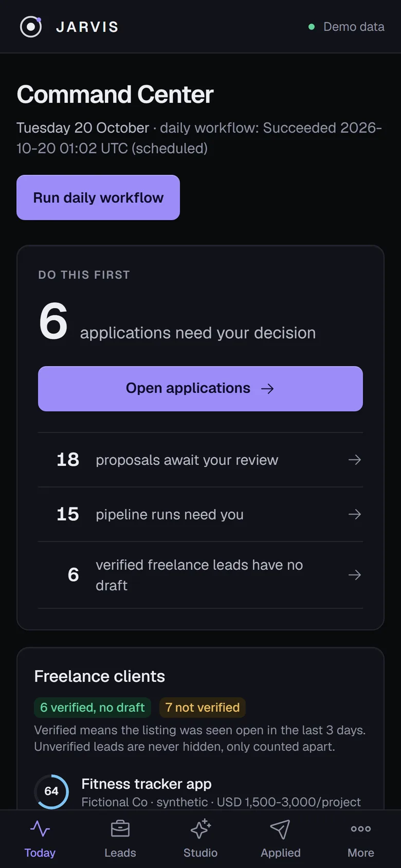 The JARVIS Command Center on a phone: a header marked Demo data, the 6 applications need your decision card and a bottom tab bar with Today, Leads, Studio, Applied and More.