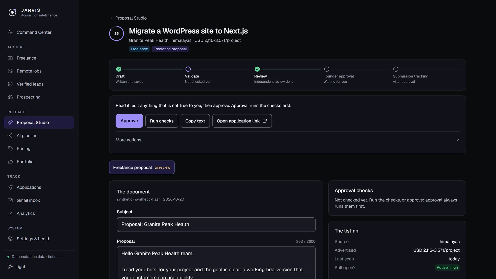 Proposal Studio for a fictional WordPress migration lead: a five-step progress line from Draft to Submission tracking, Approve and Run checks buttons, and an editable proposal beside an Approval checks panel.