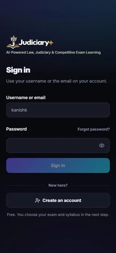 JudiciaryPlus sign-in page on a phone, with the logo, the Sign in heading, username and password fields, and a Create an account button.