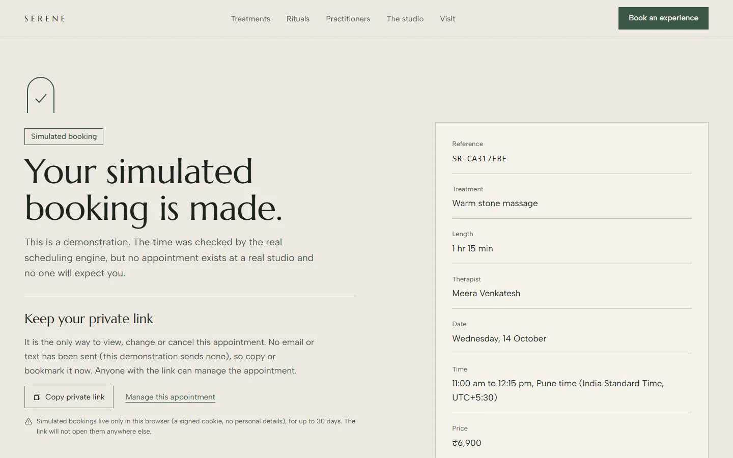 Serene demonstration confirmation headed “Your simulated booking is made.”, explaining that no appointment exists at a real studio, with the reference, treatment, therapist, time and price.